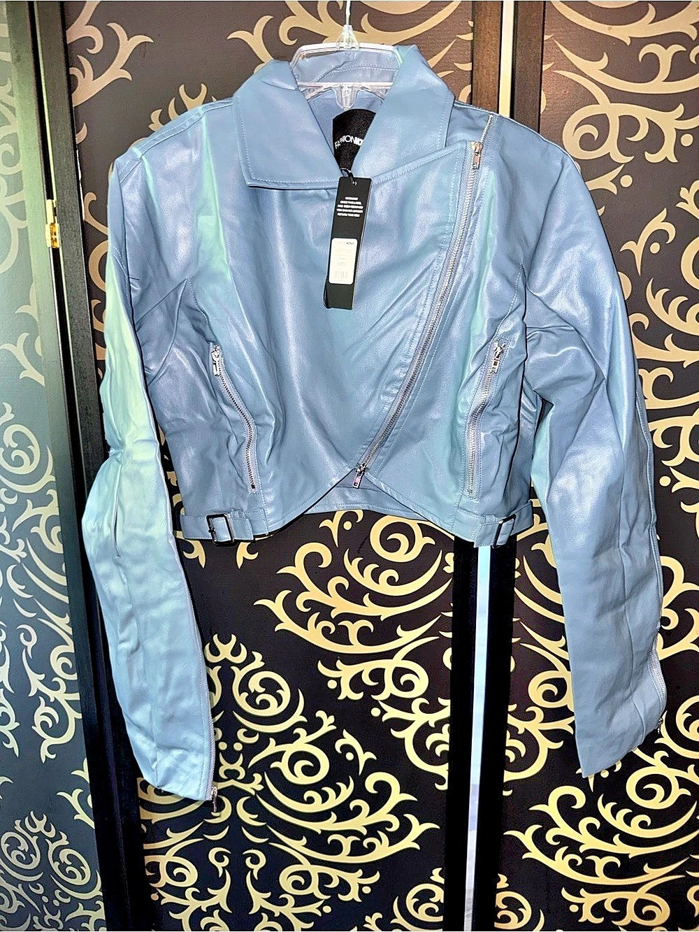 Fashion Nova Like a Pro Cropped Faux Leather Moto Jacket Blue Small